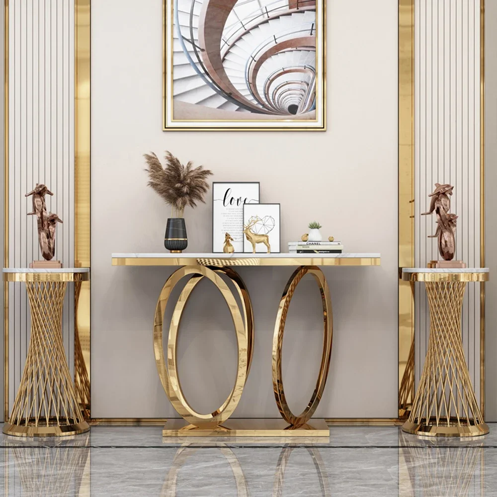 Living room furniture, golden foyer console table, luxurious mirror finish