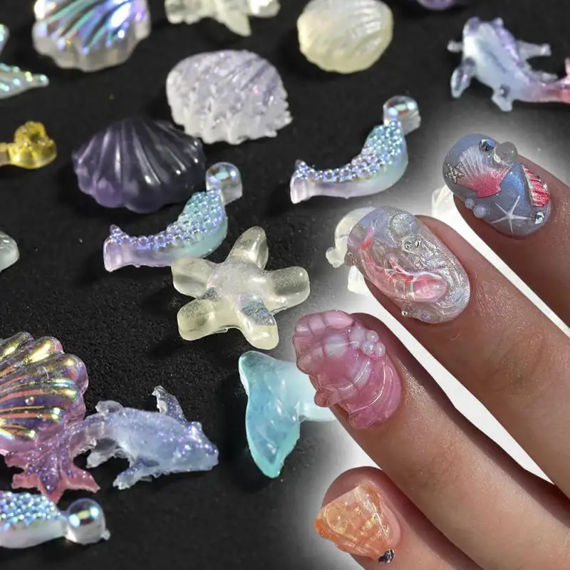 Serie de criaturas, dijes para uñas DIY, concha de medusa de varios estilos, decoraciones artísticas para uñas, cola de pez translúcida, estrella de mar marina