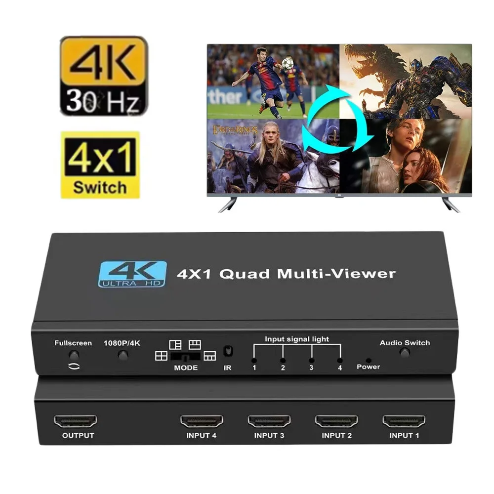 

4K HDMI-compatible Multiviewer 4x1 Quad Screen Real Time Multi Viewer 4 in 1 Seamless HDMI-compatible Switcher with Remote