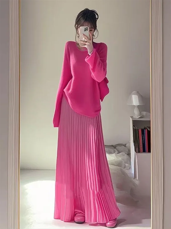 

Весенне-летний женский вязаный комплект с юбкой Ele Gored, комплект из двух предметов, модная повседневная одежда, длинная круглая одежда Ne