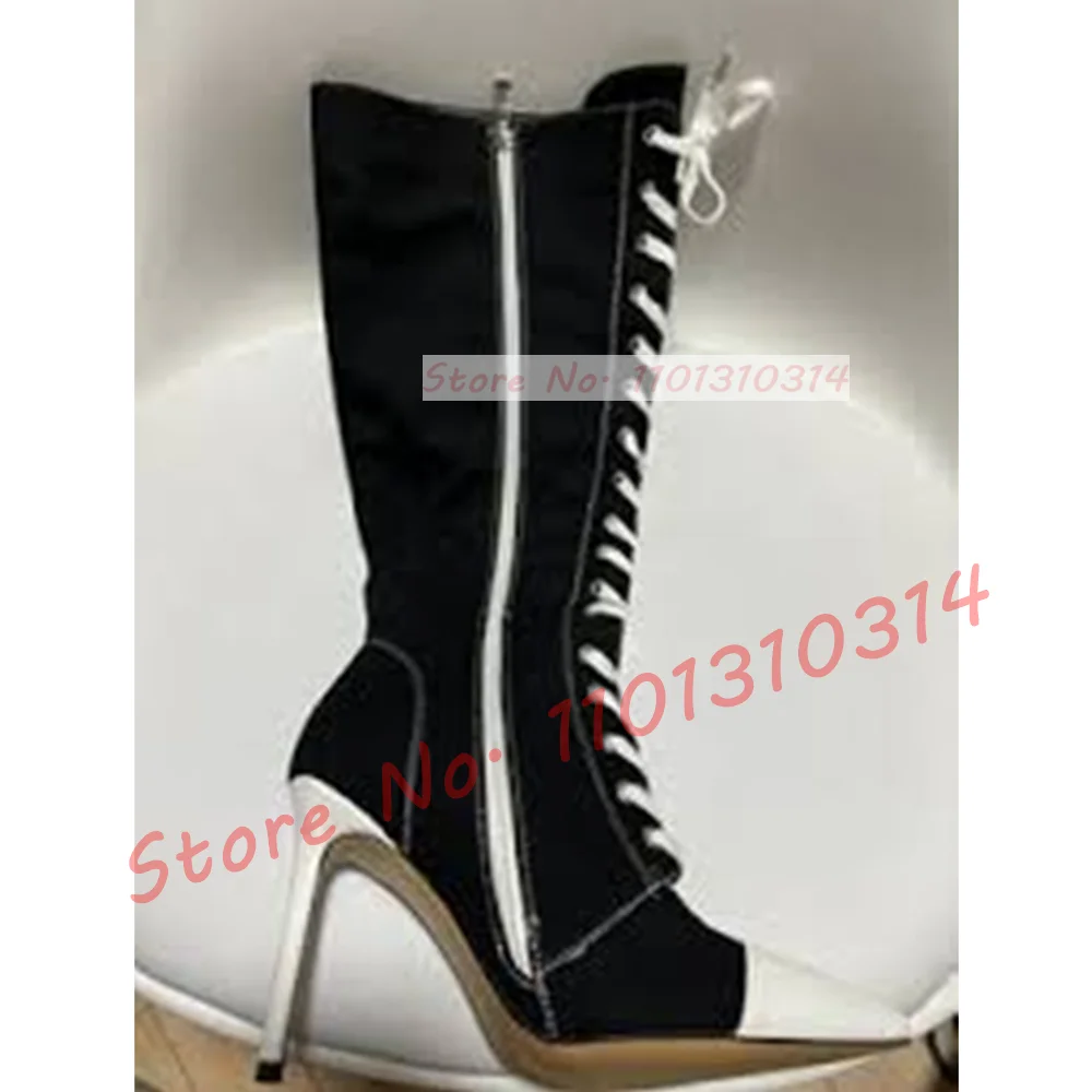 Blue Denim Pointed Toe Knee High Boots Women Fashion Sexy White Lace Up Stiletto Heel Shoes Ladies Streetwear Splicing Boots