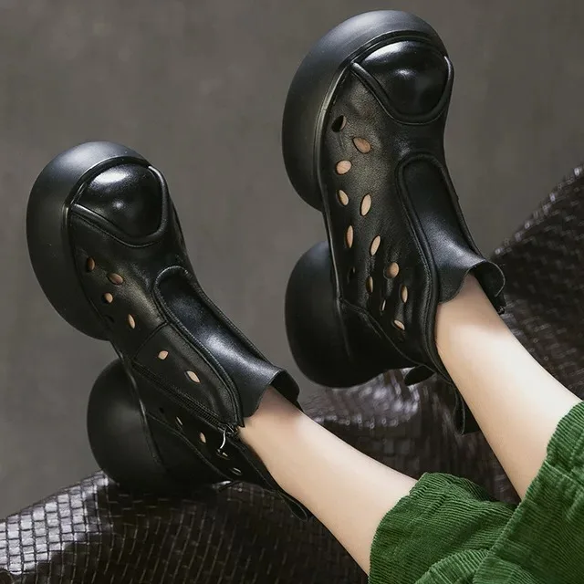 Spain Glas Genuine Leather Vintage Casual round Toe Hollow out Women's Sandals Boots Comfortable Wear Resistant Spring Autumn