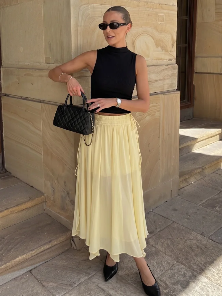 HH Women Summer Casual Beach Skirt Elegant Drawstring Waist Tie Pleated Yellow Long Skirt 2026 Festival Vacation Y2K Skirt