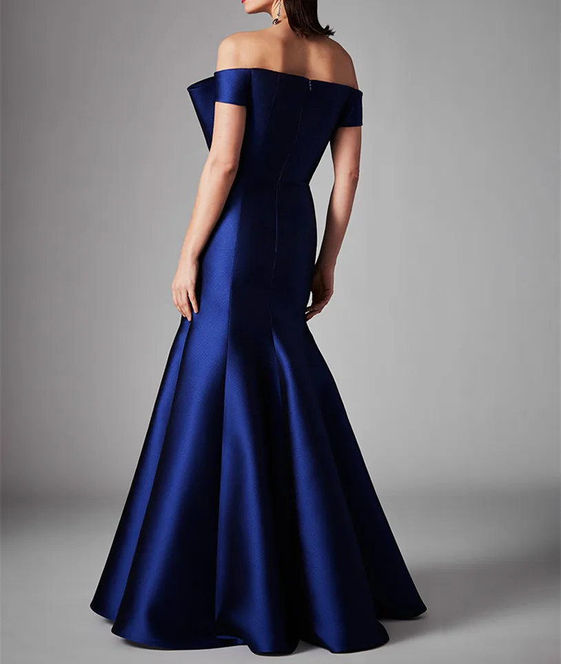 Elegant Long Off Shoulder Blue Satin Evening Dresses Mermaid Pleated Floor Length Prom Dress Wedding Guest Dress for Women