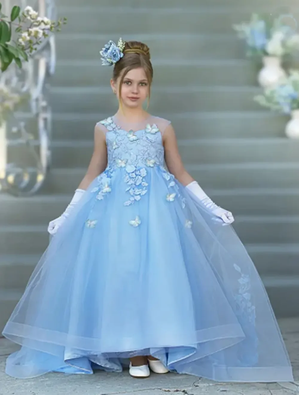 Maßgeschneiderte grüne Blumenmädchenkleider für die Hochzeit, Applikationen, Schmetterlinge, Kindergeburtstagsfeier, Quinceanera-Erstkommunion-Abschlussballkleid