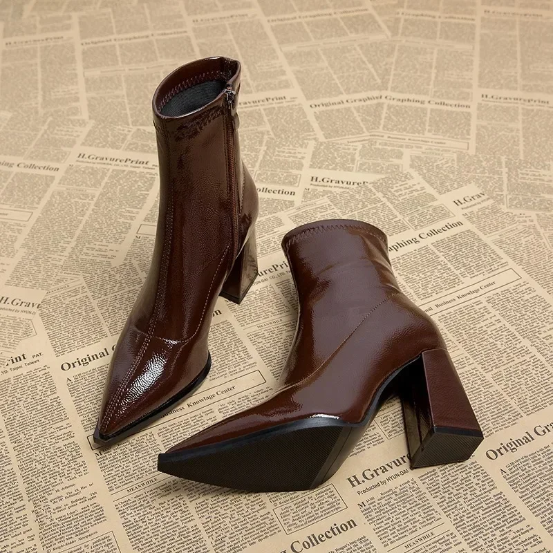 Autumn Womnen\'s High Heel Ankle Boots New Winter Plus Velvet Pointed Toe Chunky Heel Chelsea Boots for Women Heeled Shoes Dress