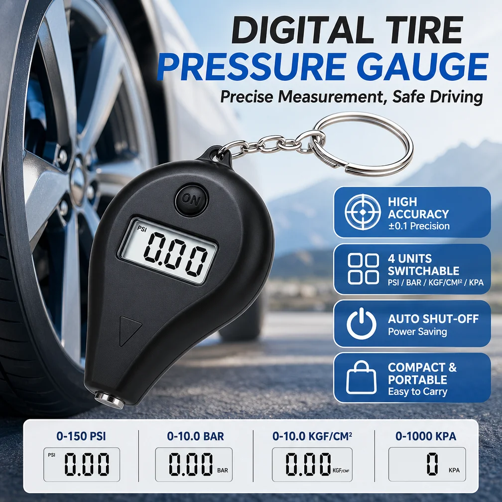 Digital Tire Pressure Gauge Keychain, 0-150PSI/4 Units, Auto Shut-Off, Digital LCD Display for Car/Motorcycle Tire Alarm Safety