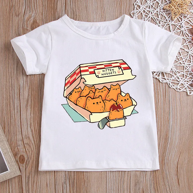 

Kitten Nuggets Fast Food Cat Happy Print Cartoon Kids T shirt Girls Summer Tops Baby Boys Clothes Children Short Sleeve T-shirt