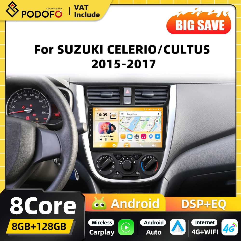 Podofo 8+128G 2din Android Autoradio Multimedia-Player für SUZUKI CELERIO/CULTUS 2015-2017 Carplay Autoradio GPS-Navigation Android Auto WIFI DSP FM-Empfänger RDS