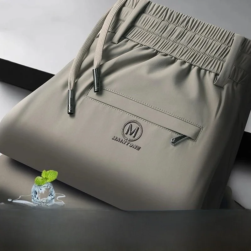 

New 2025 Men's Ice Silk Casual Pants Thin Qui Dry Spor Straight Leg Long Trousers Summer Breathable Polyester Fiber