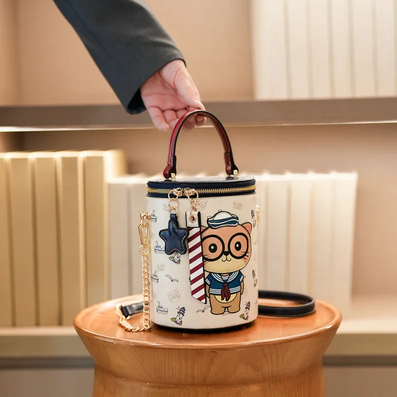 

Новая сумка с рисунком кота и животного, женская сумка через плечо в форме ведра для мобильного телефона, косметическая сумка для хранения аксессуаров