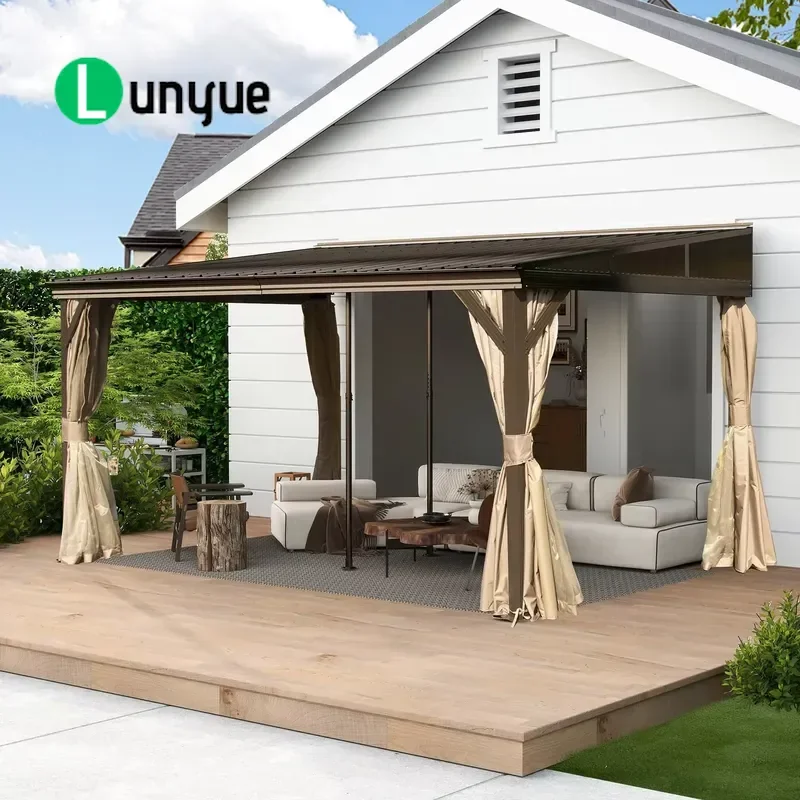 10x14FT Galvanized Steel Sloping Roof Gazebo Wall Mounted Hard Top Metal Patio Ceiling Lean To With Curtains For Outdoor