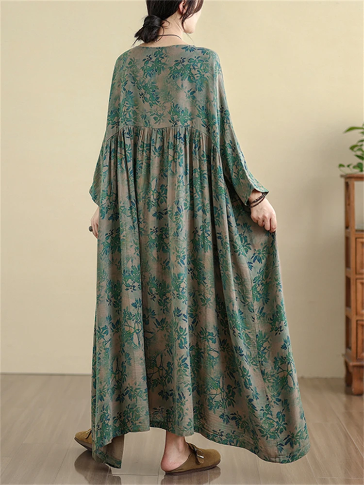 Oversize 코튼 빈티지 캐주얼 루즈 그린 프린트 꽃 드레스 여성용 긴 소매 드레스 Femme Robe Vestidos 우아한 의류