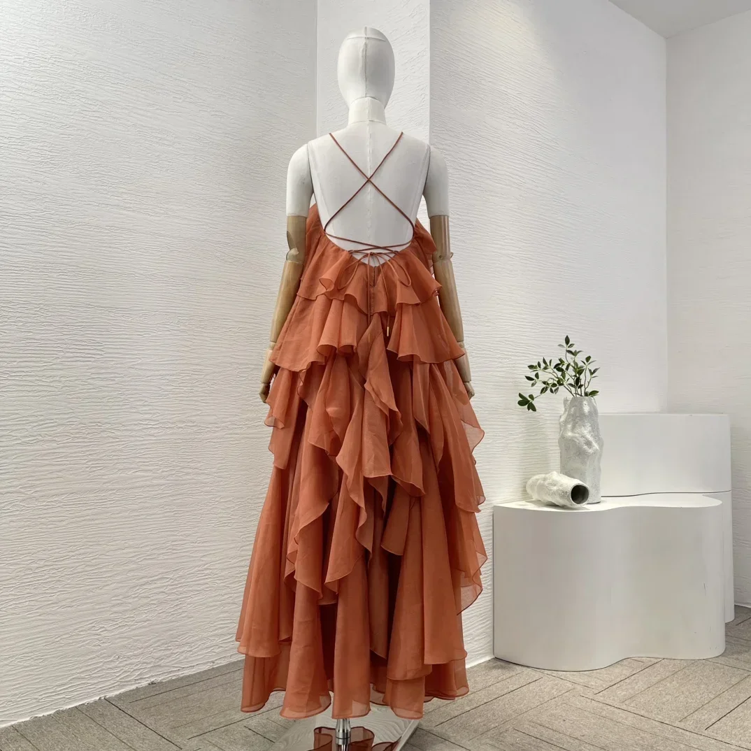 New Collection Women's Black Orange Flowers Appliqued Backless Sleeveless Ruffles Halter Maxi Dress for Holiday