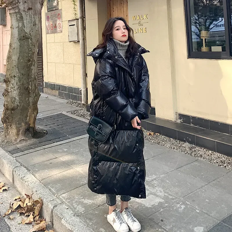 Winter Fashion Loose Jacket Women\'s Mid-Length Over-the-Knee Thickened Black Shiny Simple Women Coats and Jackets