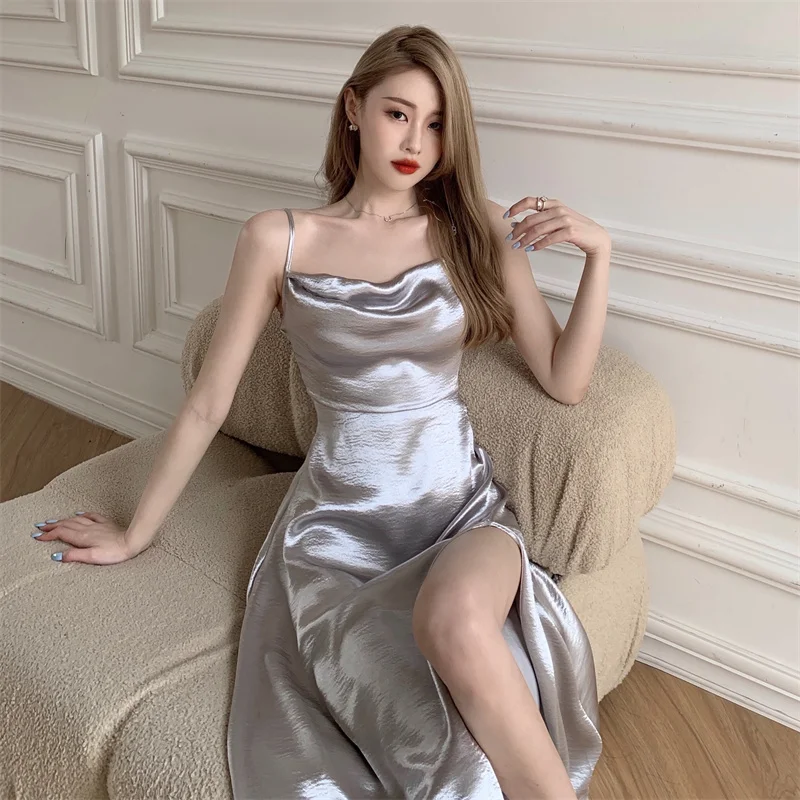 Sexy Silver Party Dress Trendy Summer Sleeveless Glossy High Split Midi Birthday Dress for Women Swing Collar Vestidos De Fiesta