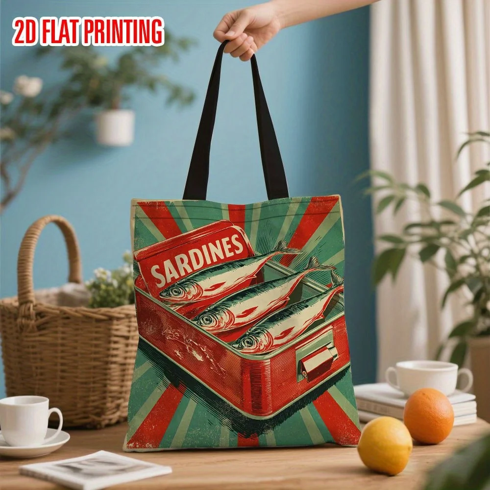

1 шт., винтажная большая сумка с принтом «Сардина» — прочный полиэстер, большая вместимость, ретро-дизайн с кухонной тематикой и жирной типографией