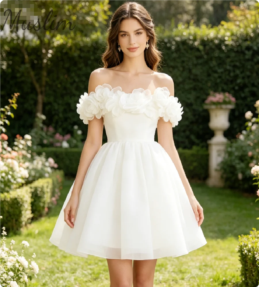 Off Shoulder 3D Floral Mini Wedding Dress 2026 Rustic Country A Line Garden Elopement Civil Ceremony Reception Bridal Dresses
