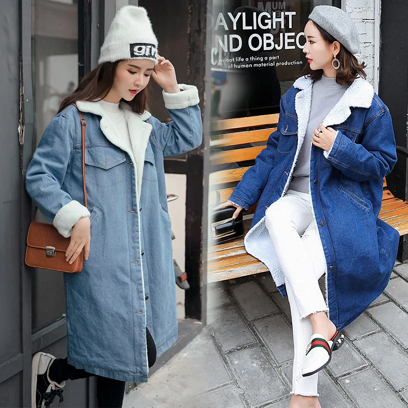 Parkas Women Mid Length Coats Denim Coat Turn Down Collar Full Sleeve Elegant Splice Single Breasted Thick Autumn Winter 2024