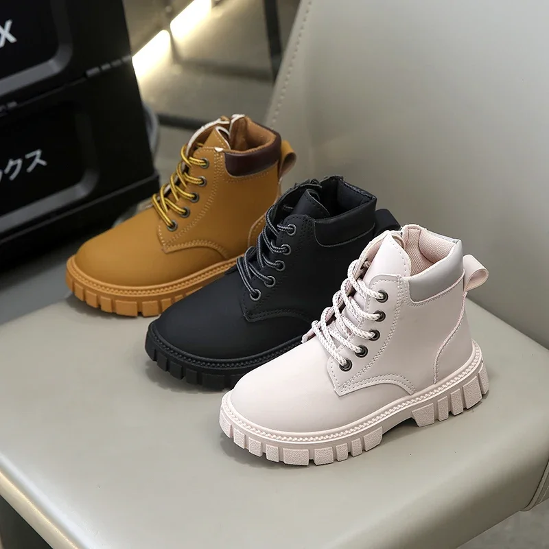 Kids Leather Boots Non-slip Side Zipper Children Ankle Boots Soild Color 2025 Autumn New Boys Girls Short Boots Comfortable