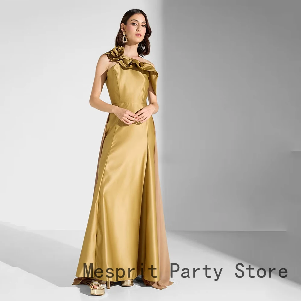 Elegancka Złota Suknia Wieczorowa Długa Sukienka na Bal Studniówkowy Jedno Ramię Linia A Formalna Suknia na Przyjęcie Falbany Kwiaty Sukienka Arabia Saudyjska