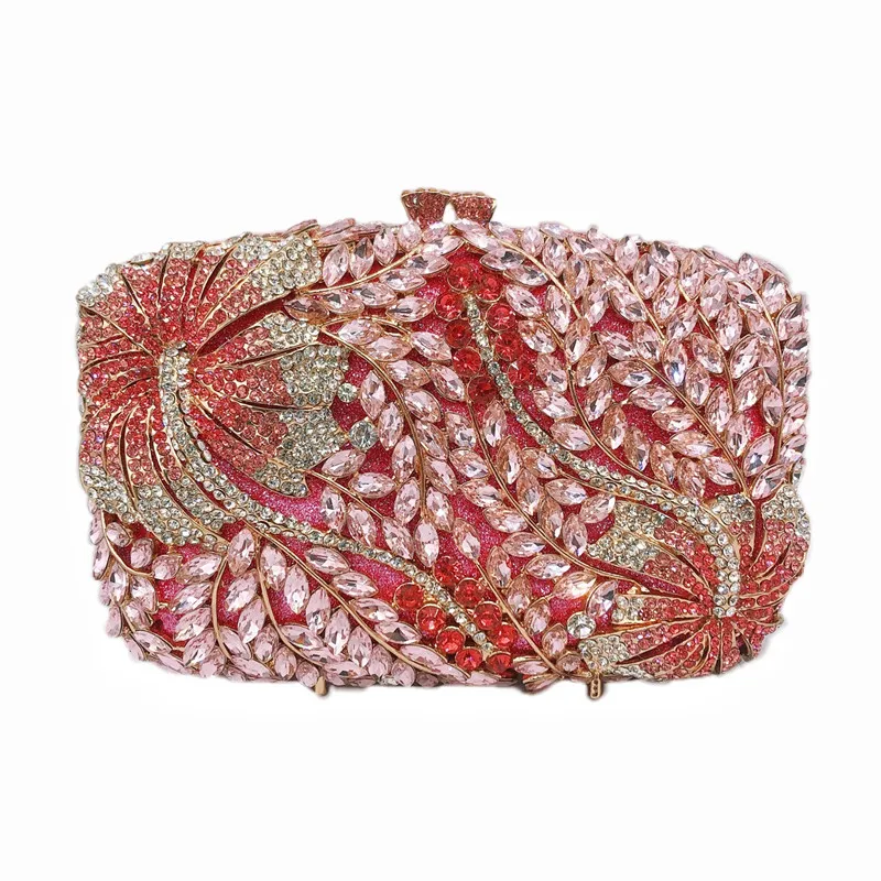 Woman Pink Flower Big Size Clutches Diamond Floral Banquet Handbag Wedding Bridal Party Purse Crystal Dinner Evening Bag