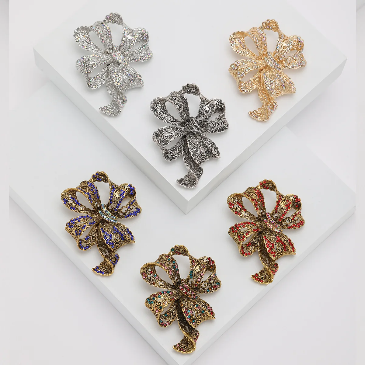 women retro rhinestone ribbon bow brooch fashion clothing accessories pins