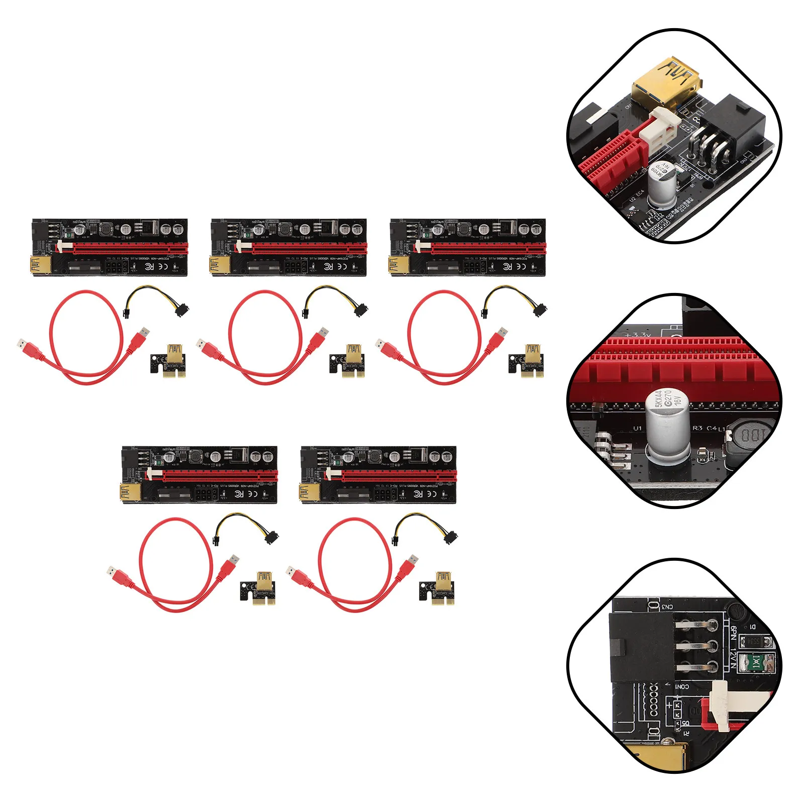 

5 комплектов адаптеров-райзеров PCI-E 1X на 16X для майнинга, 12В DC-DC, улучшенный источник питания, удлинительный кабель для GPU, PCI Express райзер для компьютера