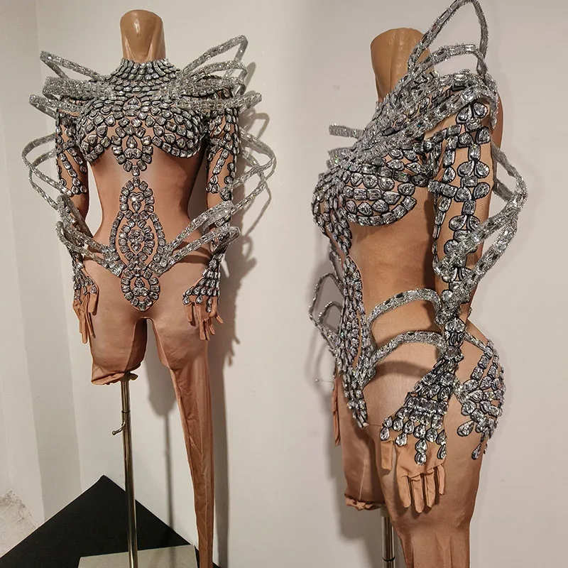 Silver Rhinestone Bodysuit Women Futuristic Show Performance Costume Singer Stage Outfit Festival Party Rave Clothing VDL5957