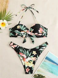 Bikini con Push-Up para mujer, traje de baño con cuello Halter, conjunto de Bikinis con cordones, traje de baño Sexy con Tanga, ropa de playa para verano 2024