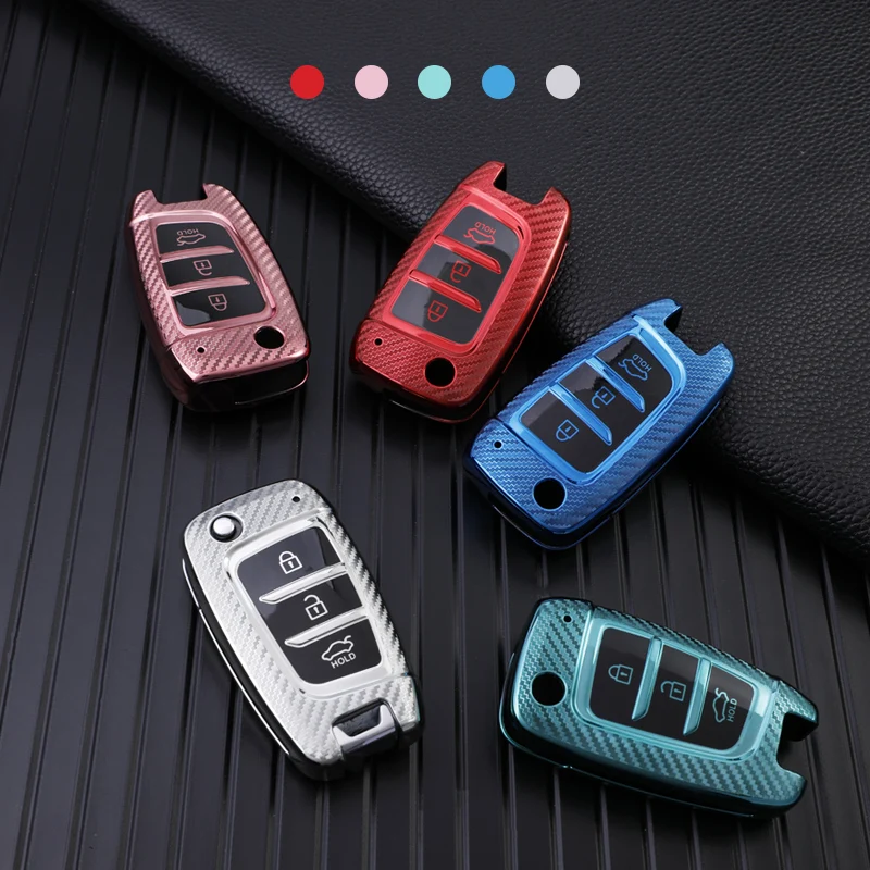 Carbon Fiber TPU Car Flip Key Case Cover For Hyundai Elantra Solaris Tucson i30 i35 i40 KONA Genesis Santa Fe Azera Holder Shell