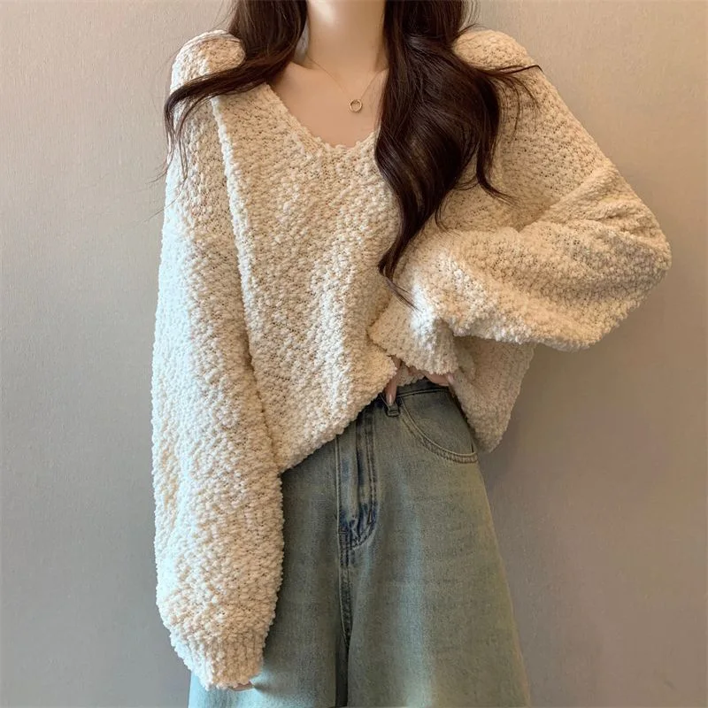 Loose Korean Style V-Neck Solid Color Knitted Sweater Women's Autumn Winter Lazy Fashion Top Long Sleeve Casual Knitwear