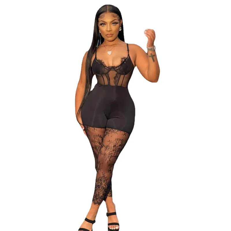 Sexy Women's Bodysuits Suspenders Adjustable Strap Lace Bodysuit Jumpsuits Sleeveless Black Contrast Lace Corset