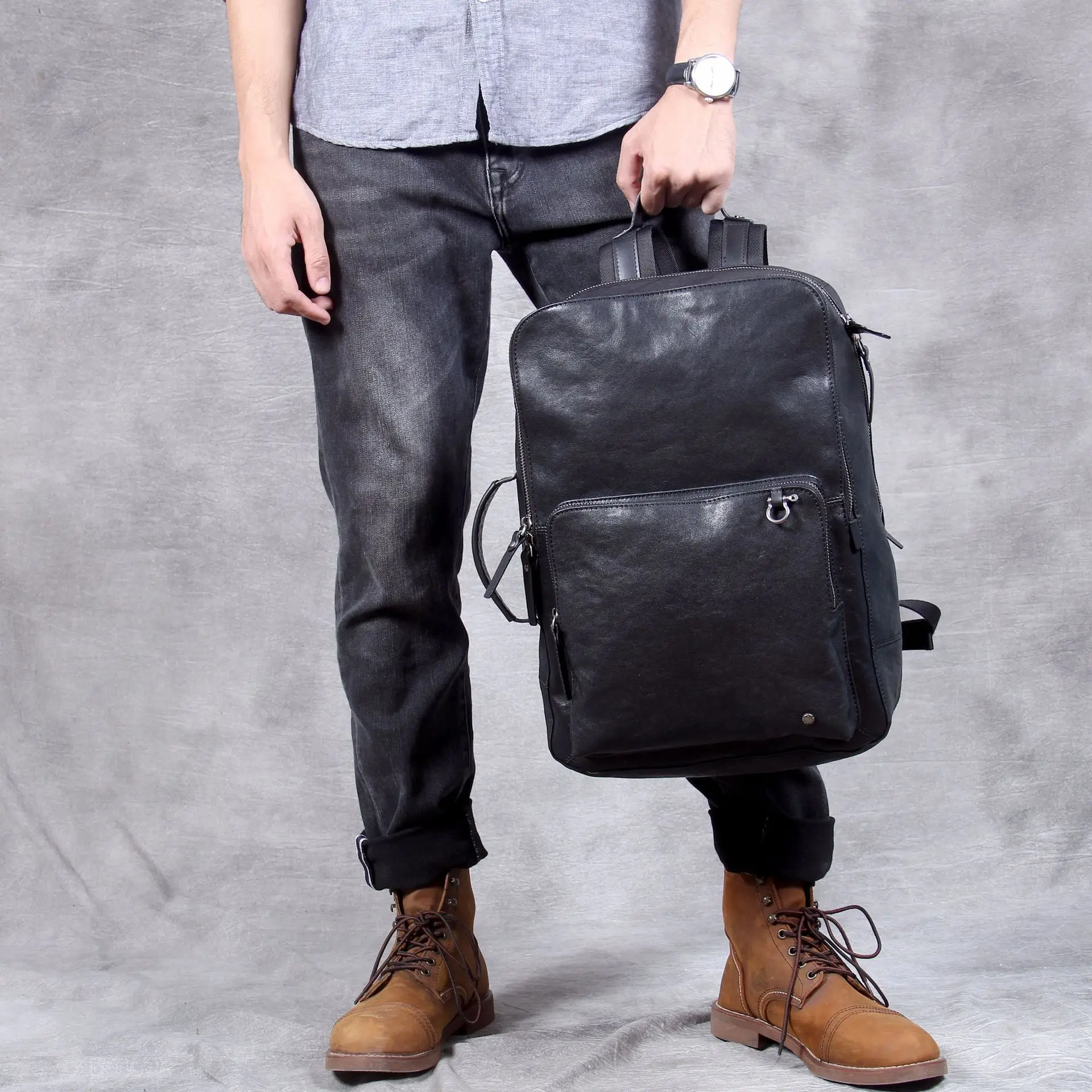 Retro Leather Men\'s Backpack Shoulder Bag Portable Backpacks Large-capacity First Layer Cowhide Leather Handmade Original Male