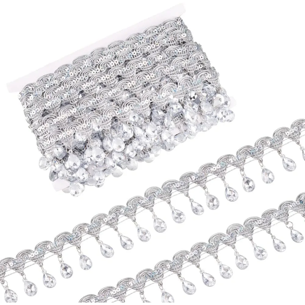 

Polyester Tassel Lace Ribbon Sparkle Paillette Lace Trim with Silver Color Plastic Rhinestone Fringe Trimming