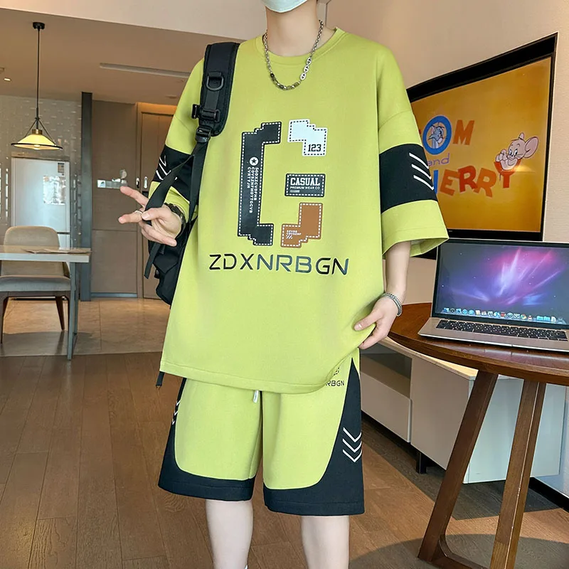 Fashion 2024 Summer Casual Loose T-Shirts And Shorts Men's Sets Youth Sports Outwear Top Tees&Pant Two Pieces Tracksuit Clothing