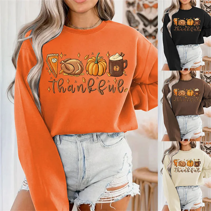 New women's cotton fashion thankful pumpkin fried chicken letter print Thanksgiving round neck fashion long sleeve hoodie