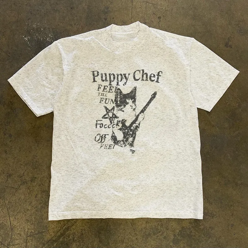 الرجعية المتخصصة الغيتار القط طباعة قصيرة الأكمام تي شيرت التصميم الحصري 2026 الصيف الاتجاه غير الرسمي Y2k Harajuku نموذج متعدد الاستخدامات