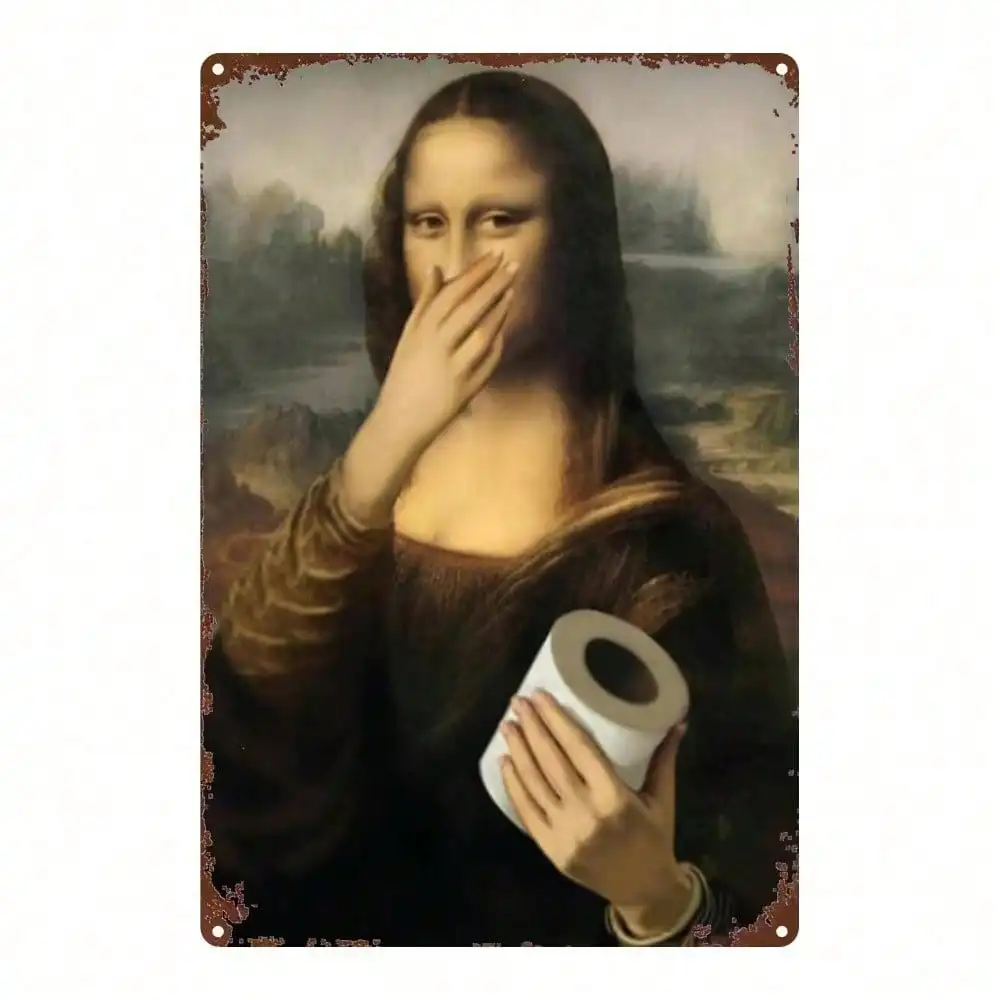 Vintage Iron Mona Lisa Toilet Paper Holder, 8x12 Inch Funny 2D Flat Bathroom Wall Art, Rustic Humor Sign