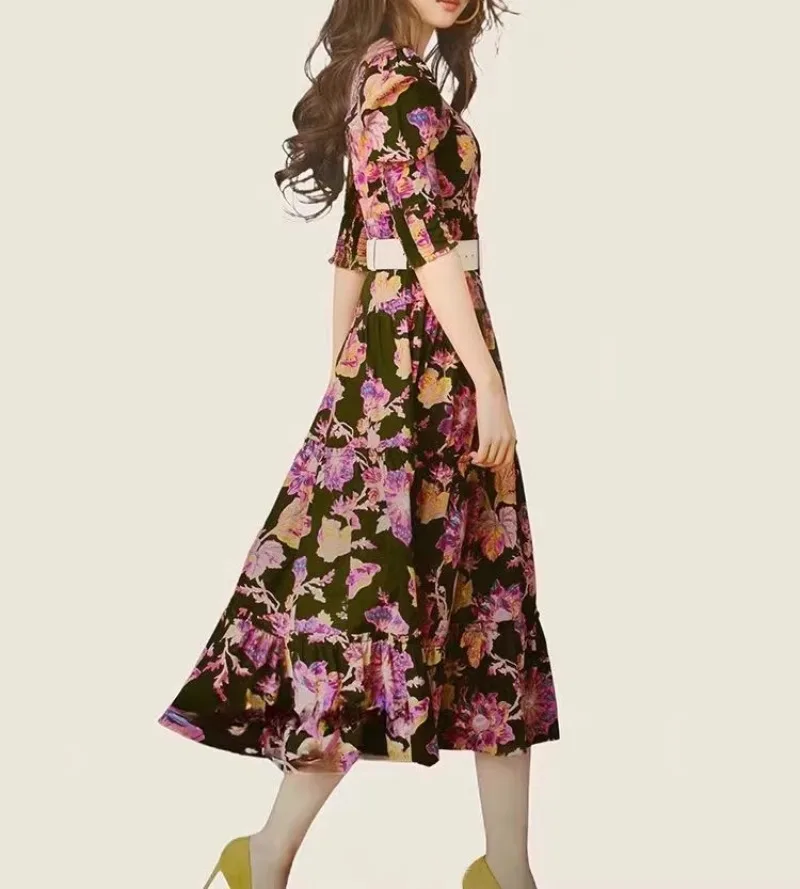 

Rose Floral Printed Elegant Women Dress with Belt Summer Holiday Party Dresses Bodycon Runway Design Streetwear Vestidos Lady