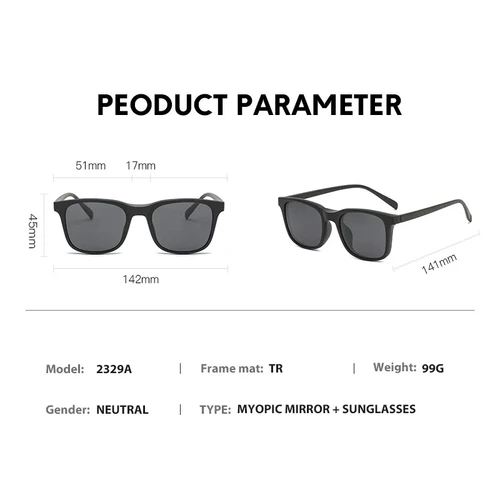 Imagen 2 del producto Gafas de sol magnéticas con Clip, gafas graduadas cuadradas para miopía-0,5 a-10, gafas de doble uso para hombres y mujeres, gafas para miopía