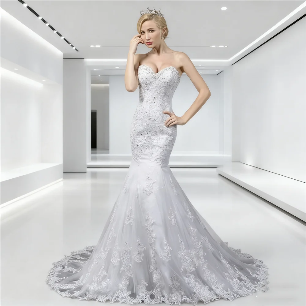 

Luxury Beaded Lace Appliques Bridal Gowns Customized Strapless Mermaid Wedding Dresses For Bride Formal Party Vestido De Novias