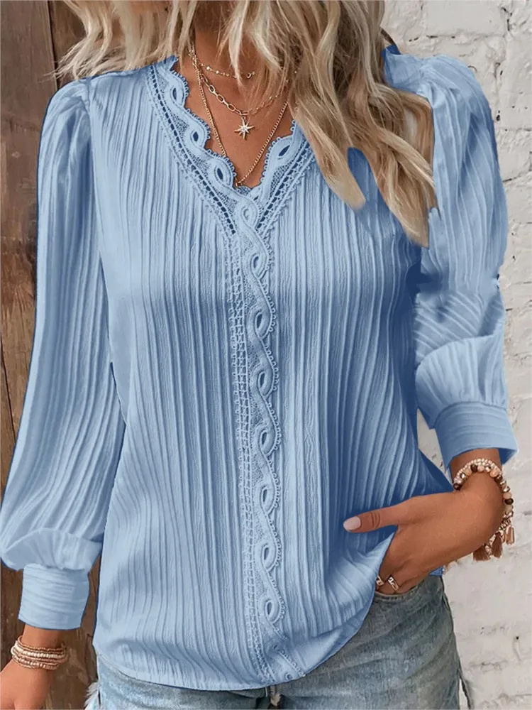 Otoño de manga larga con cuello en V camisa de costura de encaje elegante Oficina mujer blusas y Tops 2023 Casual blanco verde ropa de mujer