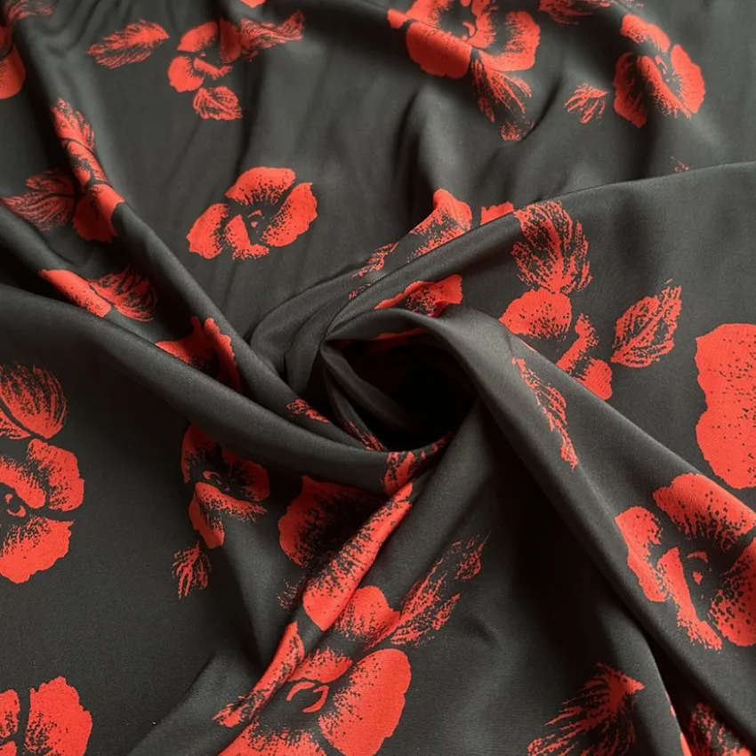 

1 meter 100% Mulberry Silk 18 momme Crepe Silk Black with Red Floral Printed 140cm 53" wide by the yard JJ498
