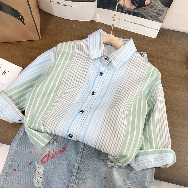 

Boys and Girls Spring Outfit Shirt Set New Children's Striped Long Sleeve Shirt Top Ripped Jeans Trendy