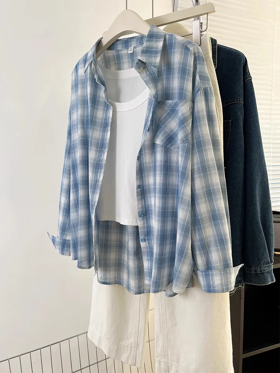 

Свободная длинная женская верхняя одежда в клетку с воротником све irt, синяя, осень 2023, утягивающая, маленький размер, повседневная одежда на пуговицах