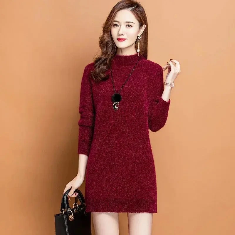 Half turtleneck Faux Mink Sweater Women\'s 2023 New Autumn Winter Thicken Bottoming Shirt Sweater Dress Female Knitted Pullovers