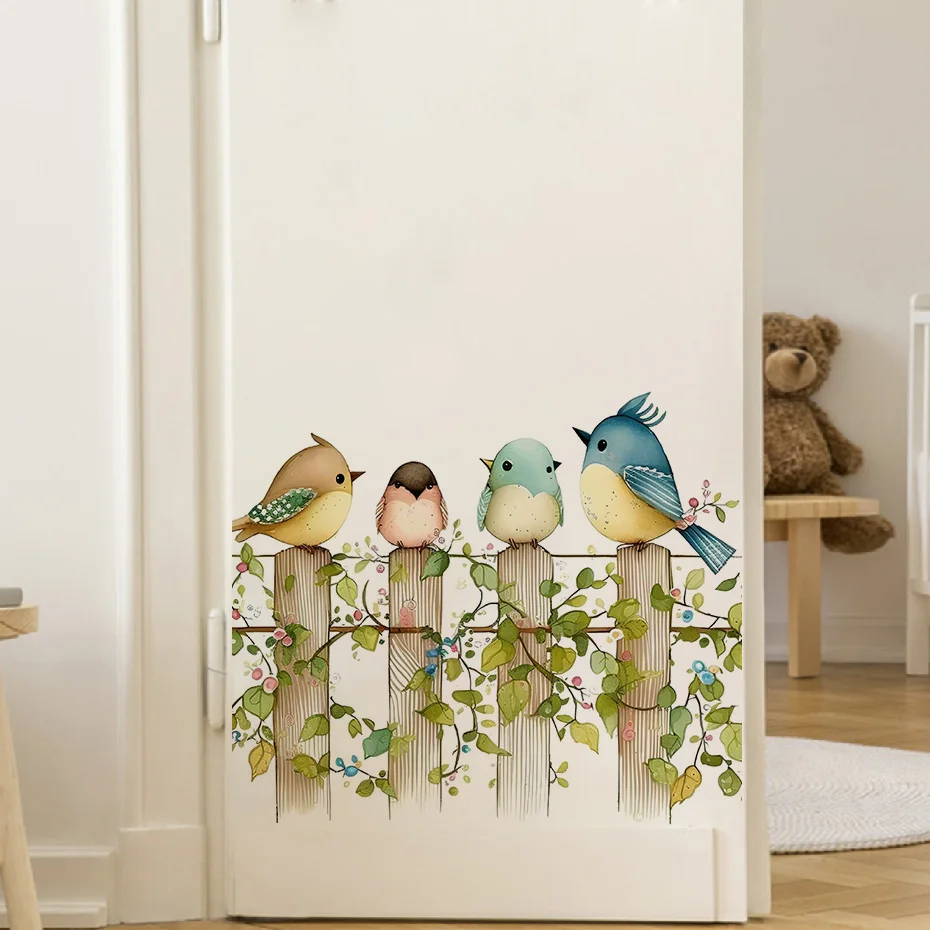 Cartoon Rattan Bird Wall Sticker Removable Nursery Wall Decals A Row of Birds Stand On Vine for Nursery Baby Bedroom Playroom