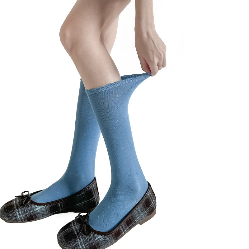 Koreanische Mode Damenstrümpfe JK Mädchen Kniestrümpfe Hohle Blumen Lolita Rüschensocken Frühling und Sommer Dünne Wadensocken Strümpfe