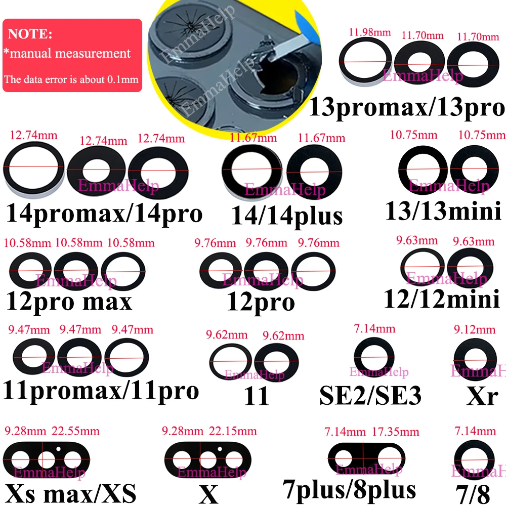 Emmashelp-cubierta de lente de cámara trasera, pegatina de repuesto para iPhone 15, 14, 13, XR, X, XS, SE, 7, 8, 11, 12 Pro Max, A +, 10 unidades